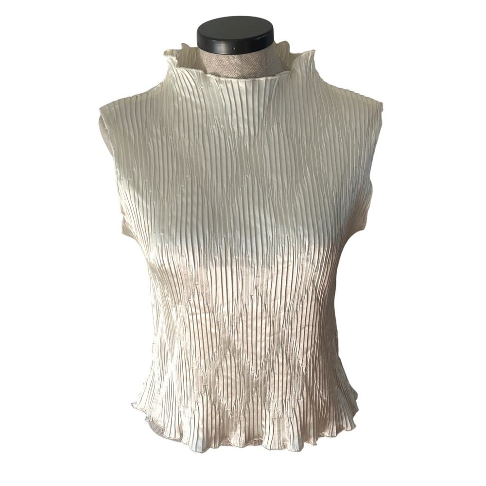 Vintage Sash Crinkle Pleated Mock Neck Top Ivory Sleeveless Stretch Medium